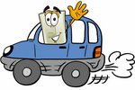 Clip Art Graphic of a White Electrical Light Switch Cartoon Character Driving a Blue Car and Waving