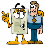 Clip Art Graphic of a White Electrical Light Switch Cartoon Character Talking to a Business Man
