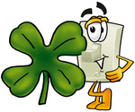 Clip Art Graphic of a White Electrical Light Switch Cartoon Character With a Green Four Leaf Clover on St Paddy’s or St Patricks Day