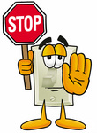 Clip Art Graphic of a White Electrical Light Switch Cartoon Character Holding a Stop Sign