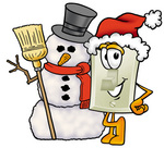 Clip Art Graphic of a White Electrical Light Switch Cartoon Character With a Snowman on Christmas