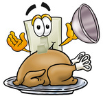 Clip Art Graphic of a White Electrical Light Switch Cartoon Character Serving a Thanksgiving Turkey on a Platter