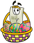 Clip Art Graphic of a White Electrical Light Switch Cartoon Character in an Easter Basket Full of Decorated Easter Eggs