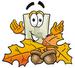 Clip Art Graphic of a White Electrical Light Switch Cartoon Character With Autumn Leaves and Acorns in the Fall