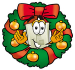 Clip Art Graphic of a White Electrical Light Switch Cartoon Character in the Center of a Christmas Wreath