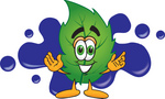 Clip Art Graphic of a Green Tree Leaf Cartoon Character Logo With Blue Paint Splatters