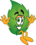 Clip Art Graphic of a Green Tree Leaf Cartoon Character Jumping