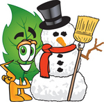 Clip Art Graphic of a Green Tree Leaf Cartoon Character With a Snowman on Christmas