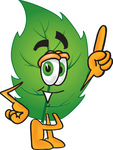 Clip Art Graphic of a Green Tree Leaf Cartoon Character Pointing Upwards