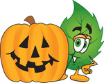 Clip Art Graphic of a Green Tree Leaf Cartoon Character With a Carved Halloween Pumpkin
