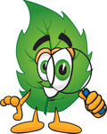 Clip Art Graphic of a Green Tree Leaf Cartoon Character Looking Through a Magnifying Glass