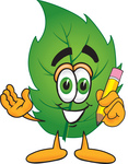 Clip Art Graphic of a Green Tree Leaf Cartoon Character Holding a Pencil