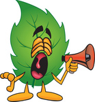 Clip Art Graphic of a Green Tree Leaf Cartoon Character Screaming Into a Megaphone