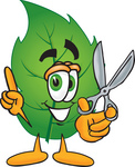 Clip Art Graphic of a Green Tree Leaf Cartoon Character Holding a Pair of Scissors