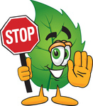 Clip Art Graphic of a Green Tree Leaf Cartoon Character Holding a Stop Sign