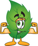 Clip Art Graphic of a Green Tree Leaf Cartoon Character Flexing His Arm Muscles