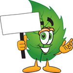 Clip Art Graphic of a Green Tree Leaf Cartoon Character Holding a Blank Sign
