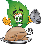 Clip Art Graphic of a Green Tree Leaf Cartoon Character Serving a Thanksgiving Turkey on a Platter