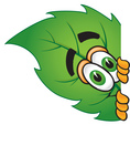 Clip Art Graphic of a Green Tree Leaf Cartoon Character Peeking Around a Corner