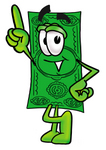 Clip Art Graphic of a Flat Green Dollar Bill Cartoon Character Pointing Upwards