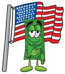 Clip Art Graphic of a Flat Green Dollar Bill Cartoon Character Pledging Allegiance to an American Flag
