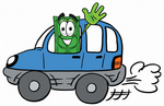 Clip Art Graphic of a Flat Green Dollar Bill Cartoon Character Driving a Blue Car and Waving