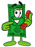 Clip Art Graphic of a Flat Green Dollar Bill Cartoon Character Holding a Telephone