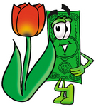 Clip Art Graphic of a Flat Green Dollar Bill Cartoon Character With a Red Tulip Flower in the Spring