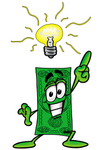 Clip Art Graphic of a Flat Green Dollar Bill Cartoon Character With a Bright Idea