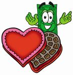 Clip Art Graphic of a Flat Green Dollar Bill Cartoon Character With an Open Box of Valentines Day Chocolate Candies