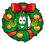 Clip Art Graphic of a Flat Green Dollar Bill Cartoon Character in the Center of a Christmas Wreath