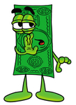 Clip Art Graphic of a Flat Green Dollar Bill Cartoon Character Whispering and Gossiping