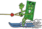 Clip Art Graphic of a Flat Green Dollar Bill Cartoon Character Waving While Water Skiing
