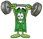 Clip Art Graphic of a Flat Green Dollar Bill Cartoon Character Holding a Heavy Barbell Above His Head