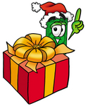Clip Art Graphic of a Flat Green Dollar Bill Cartoon Character Standing by a Christmas Present