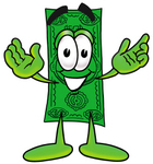 Clip Art Graphic of a Flat Green Dollar Bill Cartoon Character With Welcoming Open Arms