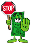 Clip Art Graphic of a Flat Green Dollar Bill Cartoon Character Holding a Stop Sign