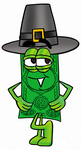 Clip Art Graphic of a Flat Green Dollar Bill Cartoon Character Wearing a Pilgrim Hat on Thanksgiving