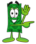 Clip Art Graphic of a Flat Green Dollar Bill Cartoon Character Waving and Pointing