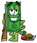 Clip Art Graphic of a Flat Green Dollar Bill Cartoon Character Duck Hunting, Standing With a Rifle and Duck