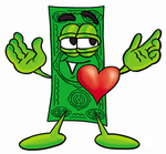 Clip Art Graphic of a Flat Green Dollar Bill Cartoon Character With His Heart Beating Out of His Chest
