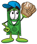 Clip Art Graphic of a Flat Green Dollar Bill Cartoon Character Catching a Baseball With a Glove