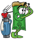 Clip Art Graphic of a Flat Green Dollar Bill Cartoon Character Swinging His Golf Club While Golfing
