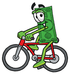Clip Art Graphic of a Flat Green Dollar Bill Cartoon Character Riding a Bicycle