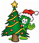 Clip Art Graphic of a Flat Green Dollar Bill Cartoon Character Waving and Standing by a Decorated Christmas Tree
