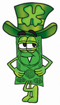Clip Art Graphic of a Flat Green Dollar Bill Cartoon Character Wearing a Saint Patricks Day Hat With a Clover on it