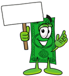 Clip Art Graphic of a Flat Green Dollar Bill Cartoon Character Holding a Blank Sign