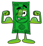 Clip Art Graphic of a Flat Green Dollar Bill Cartoon Character Flexing His Arm Muscles