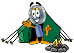 Clip Art Graphic of a Blue Handled Magnifying Glass Cartoon Character Camping With a Tent and Fire