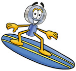 Clip Art Graphic of a Blue Handled Magnifying Glass Cartoon Character Surfing on a Blue and Yellow Surfboard